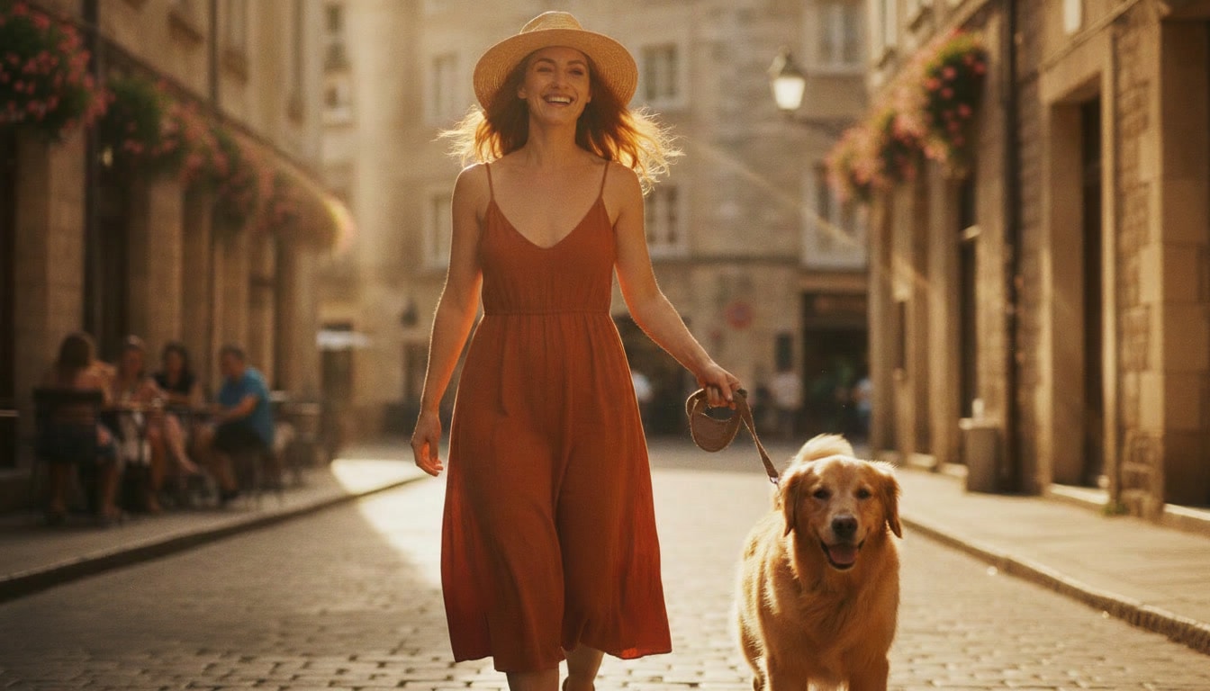 A happy woman walking her golden retriever through a sunlit European street